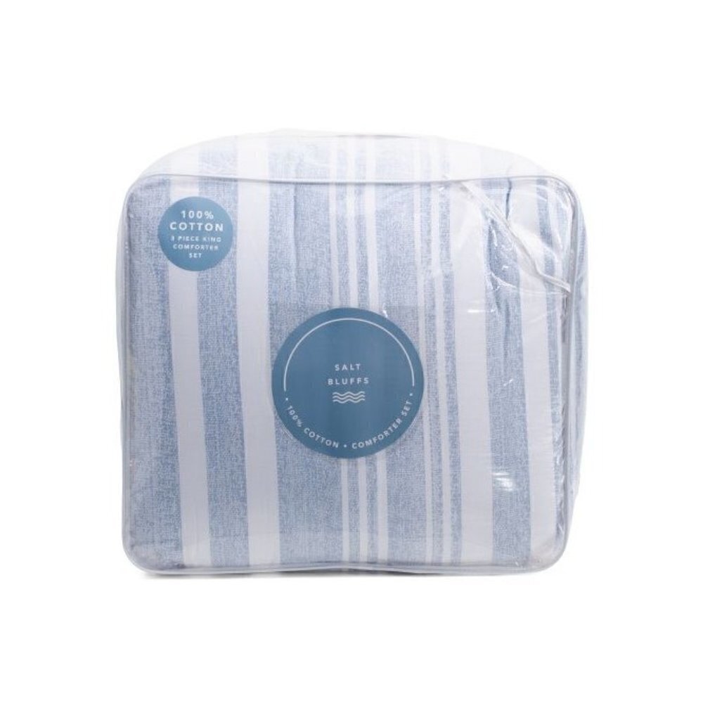 NIB- Beach Coastal Nautical Bay Stripe Comforter 100% Cotton Set Size King - Picture 2 of 5